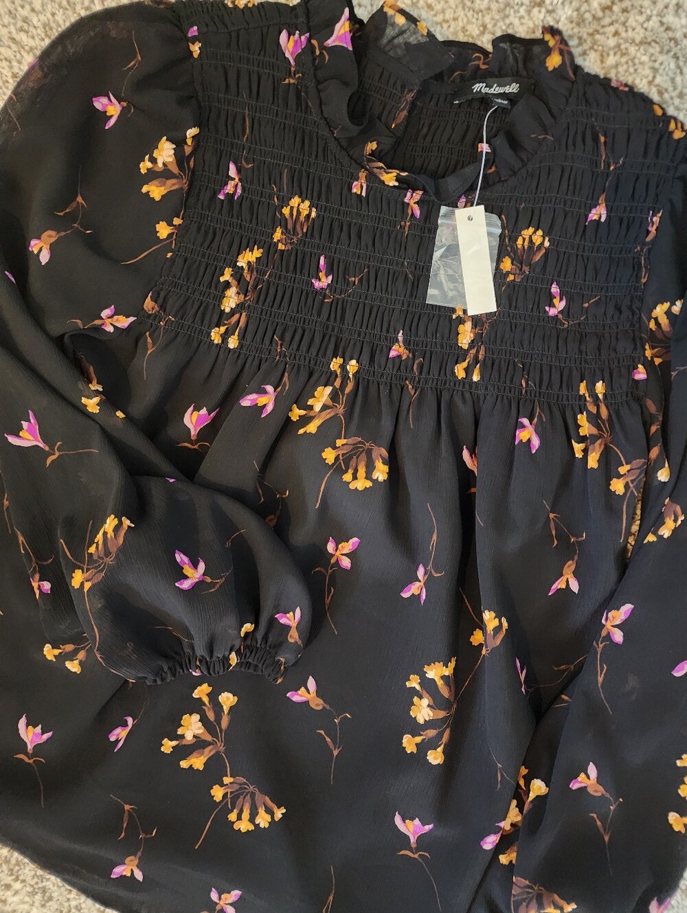 ✨️Anthropology Black Floral🌷 Smocked Long-Sleeve Blouse. NWT Flow Y2K BOHO